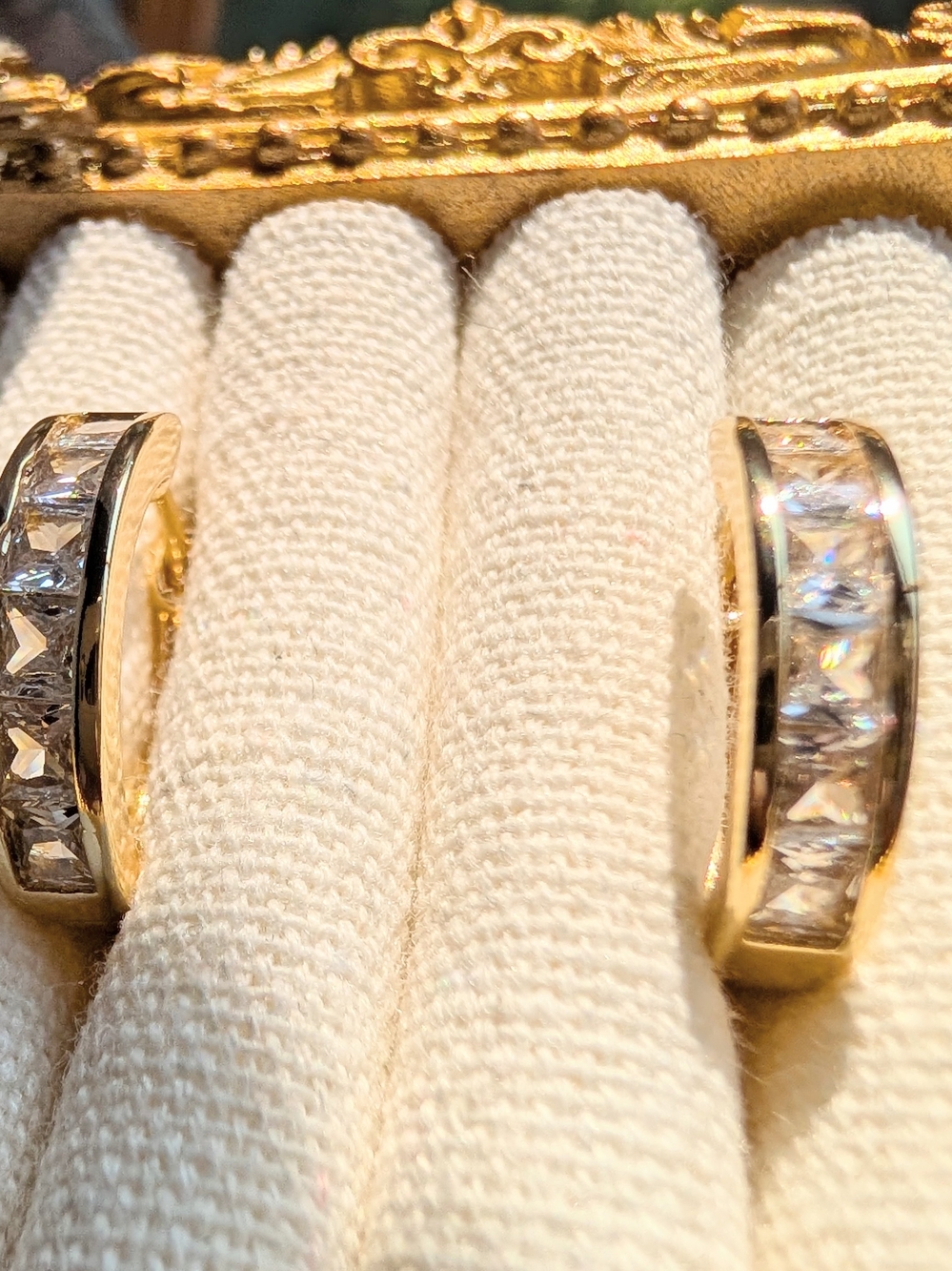 Gold Hoop Earrings - Gold Tone Huggie Hoop Earrings with Inlaid Cubic Zirconia - Picture 2 of 16
